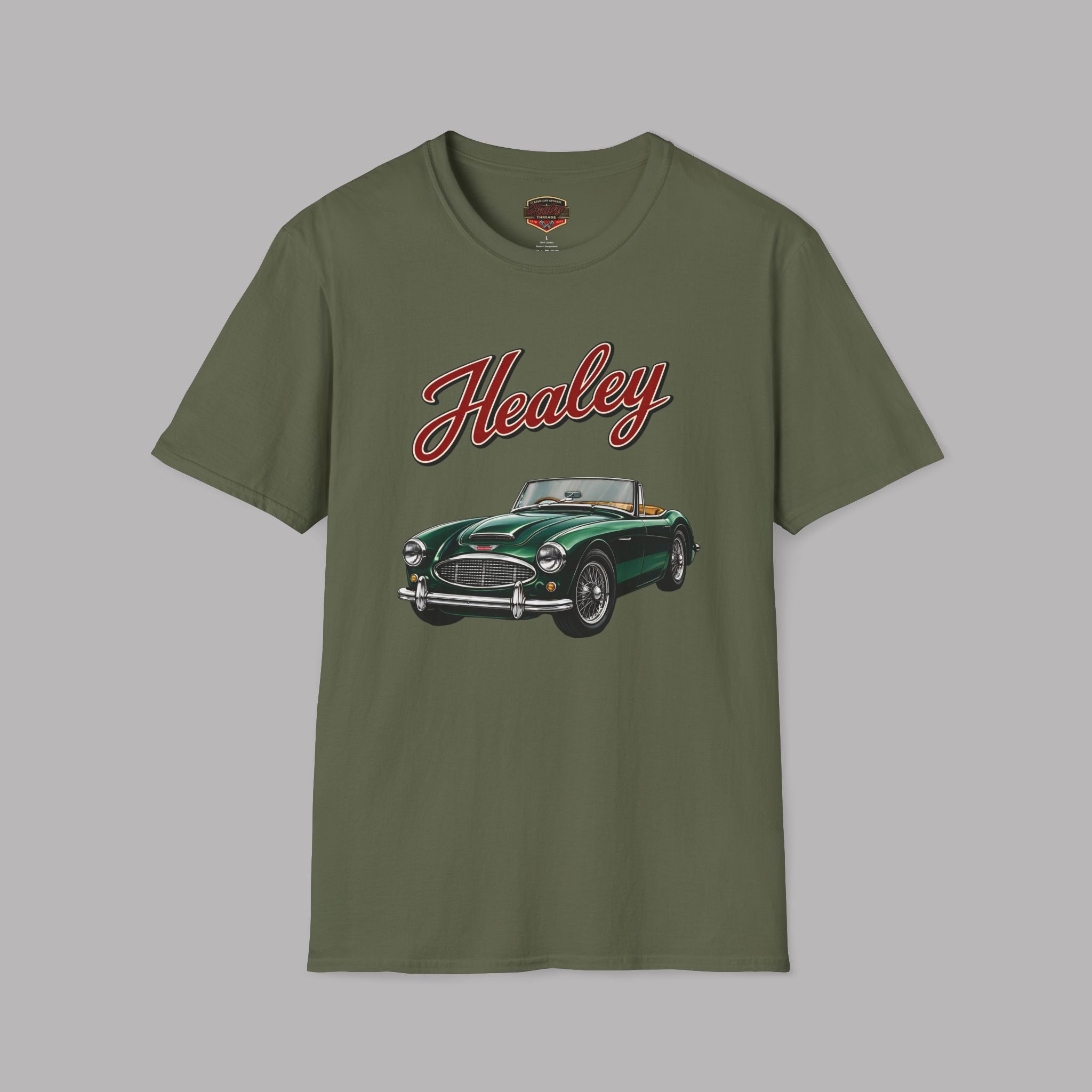 Military green t-shirt with a classic car graphic and 'Healey' text on a gray background