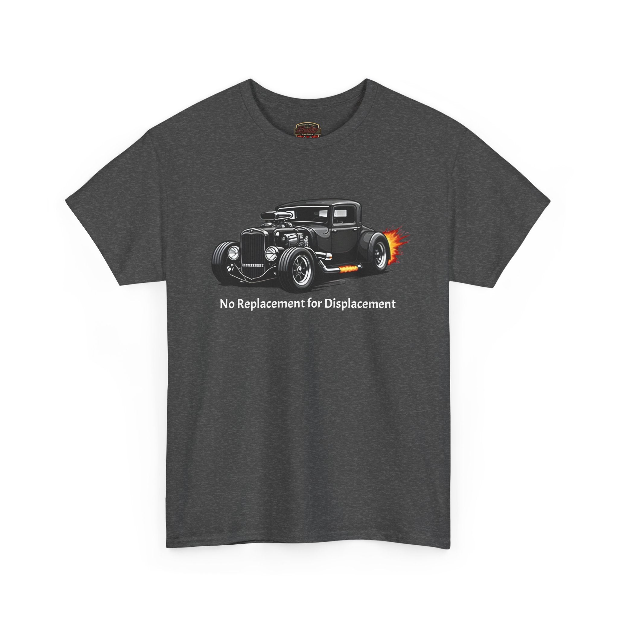 Dark gray t-shirt with a hot rod graphic and text on a white background