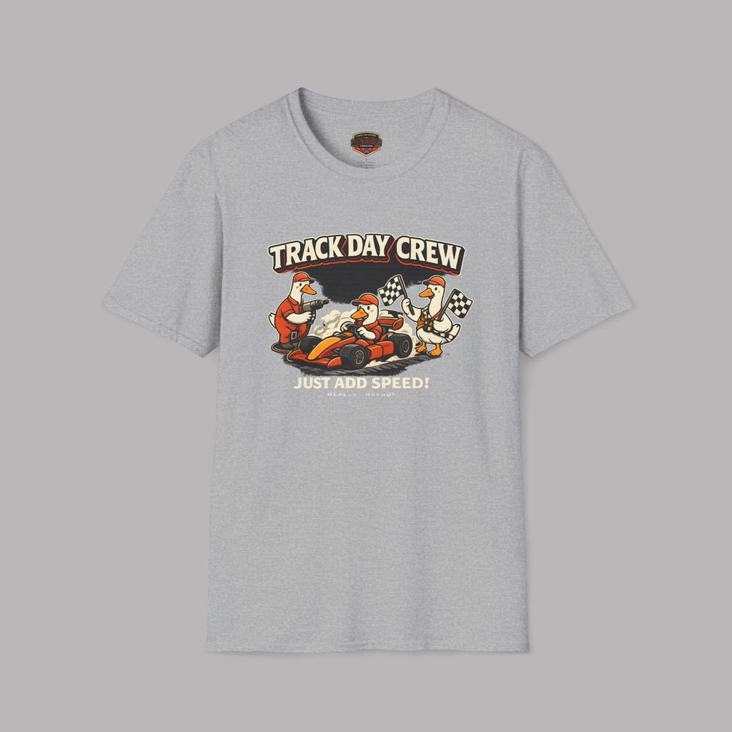 Sport gray t-shirt with 'Track Day Crew' graphic on a gray background