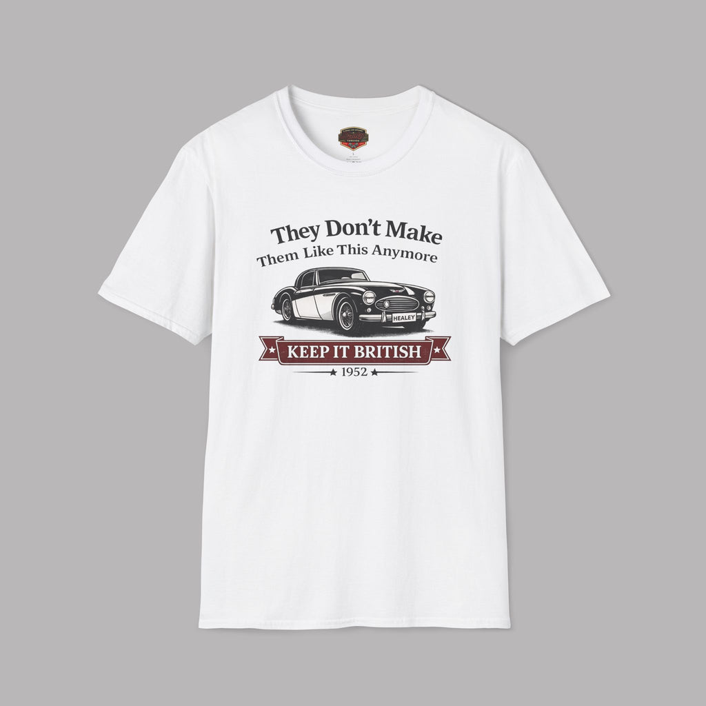 White t-shirt with a graphic of a classic car and text on a gray background