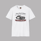 White t-shirt with a graphic of a classic car and text on a gray background