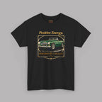 Black t-shirt with a green classic car graphic and text on a gray background