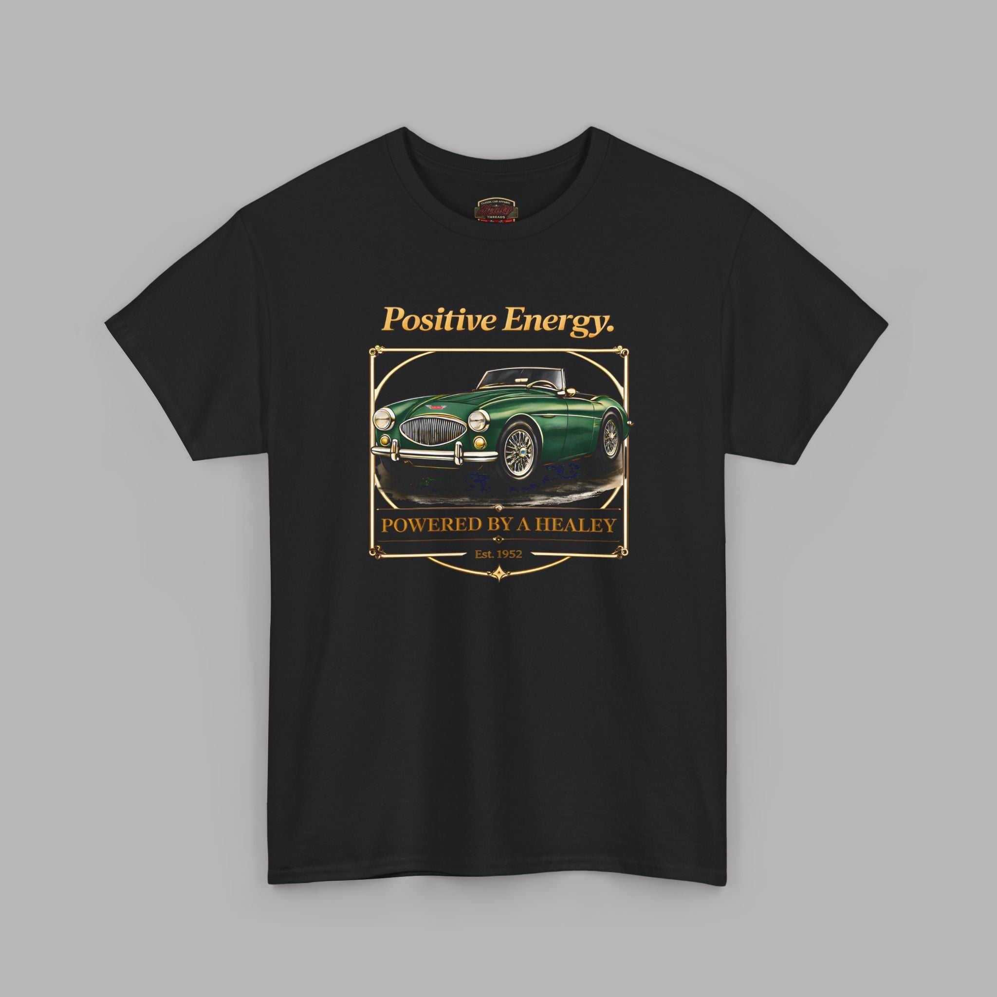 Black t-shirt with a green classic car graphic and text on a gray background