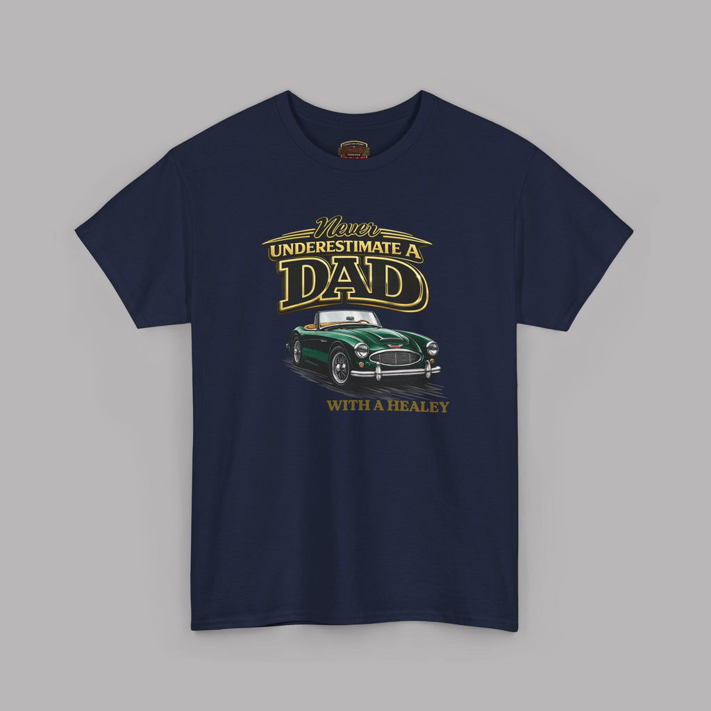Navy blue t-shirt with a graphic of a green car and text on a gray background