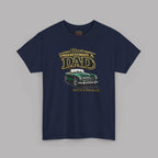 Navy blue t-shirt with a graphic of a green car and text on a gray background