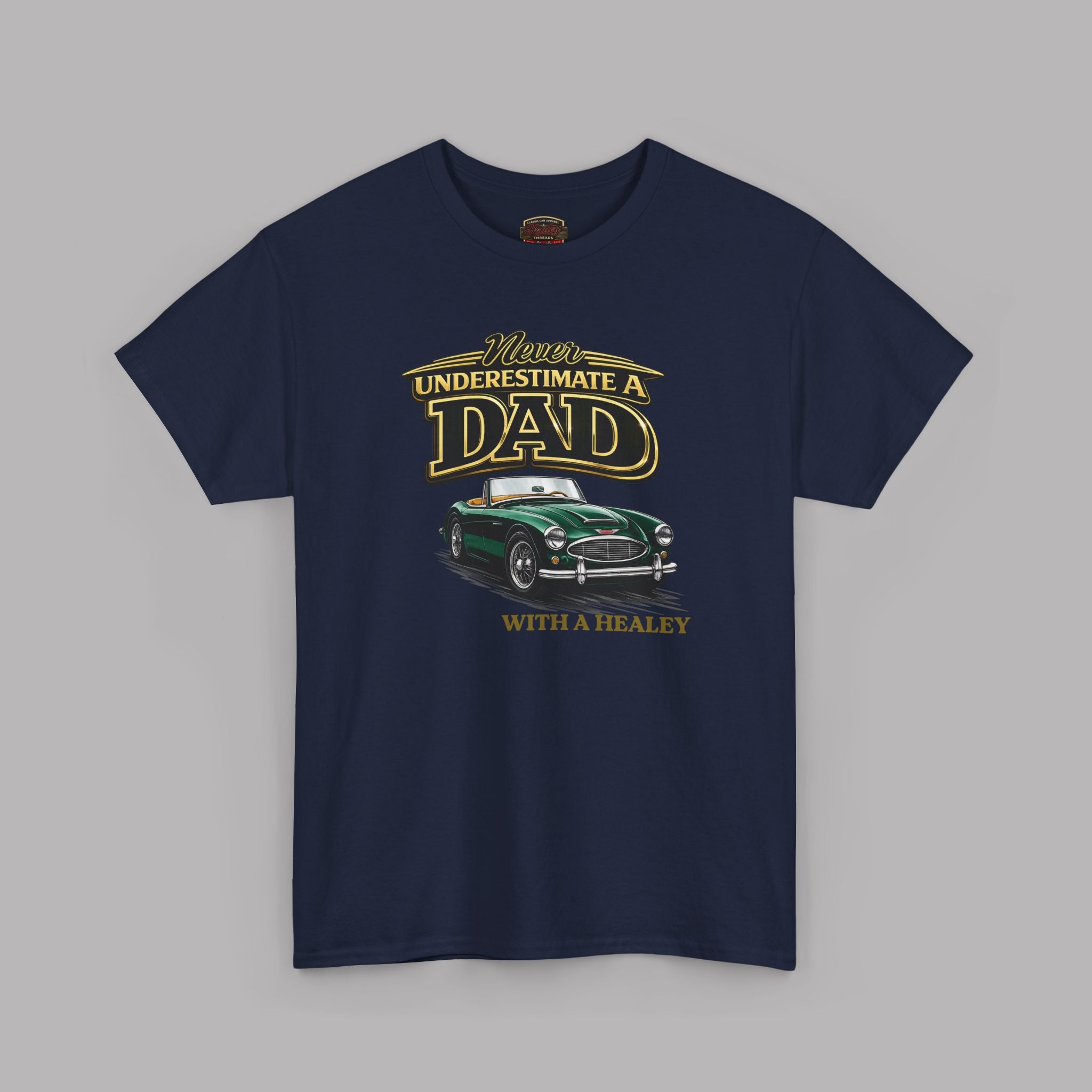 Navy blue t-shirt with a graphic of a green car and text on a gray background