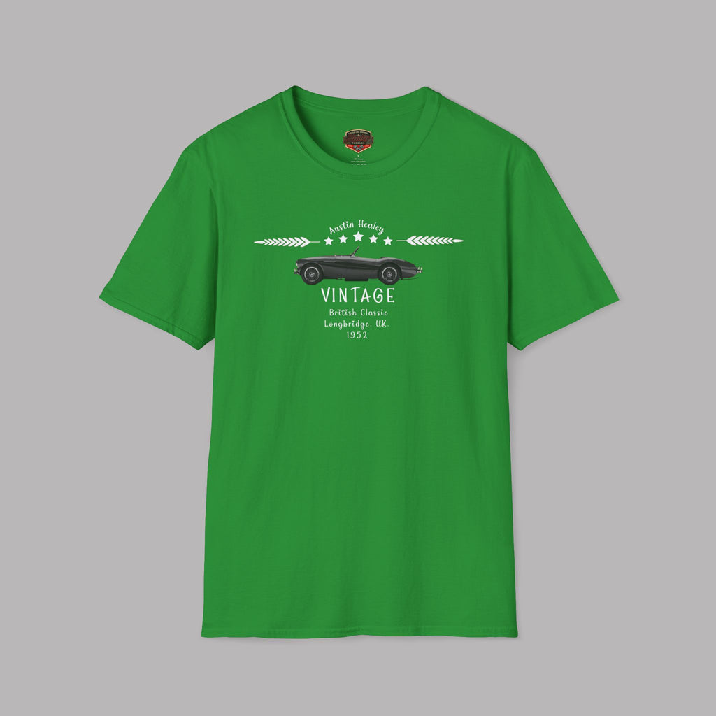 Irish green t-shirt with vintage car graphic on a gray background