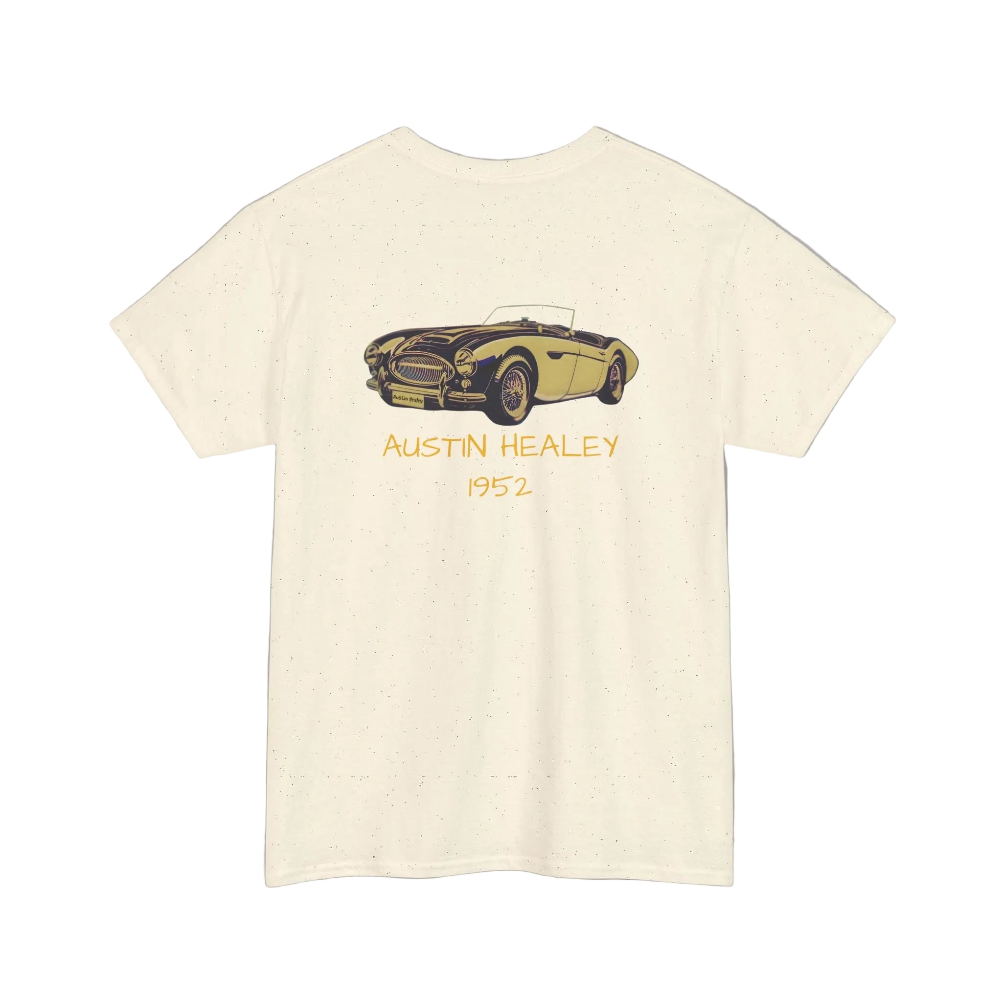 Back view of a beige t-shirt with Austin Healey 1952 graphic on a white background
