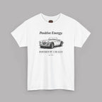 White t-shirt with black graphic classic car and text on a gray background