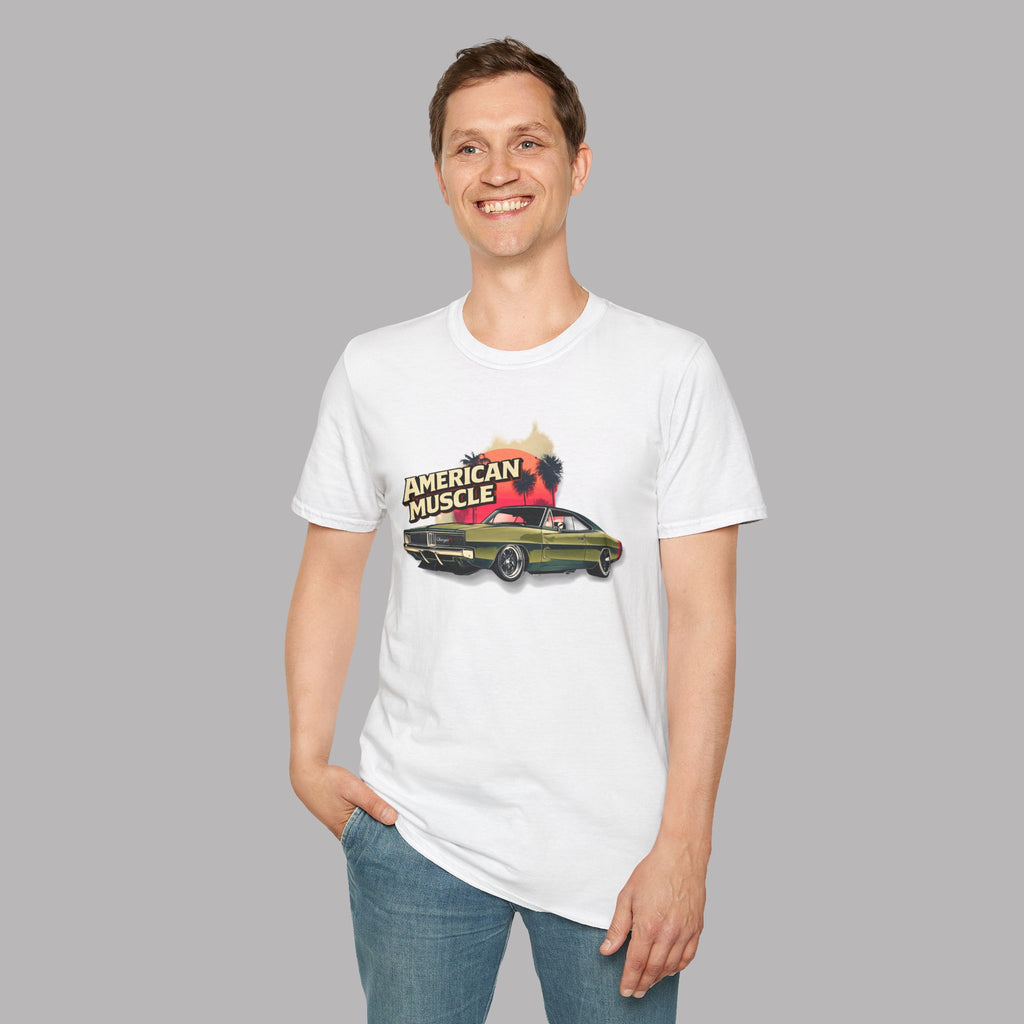 Man wearing a white t-shirt with a graphic design of a car and 'American Muscle' text on a gray background