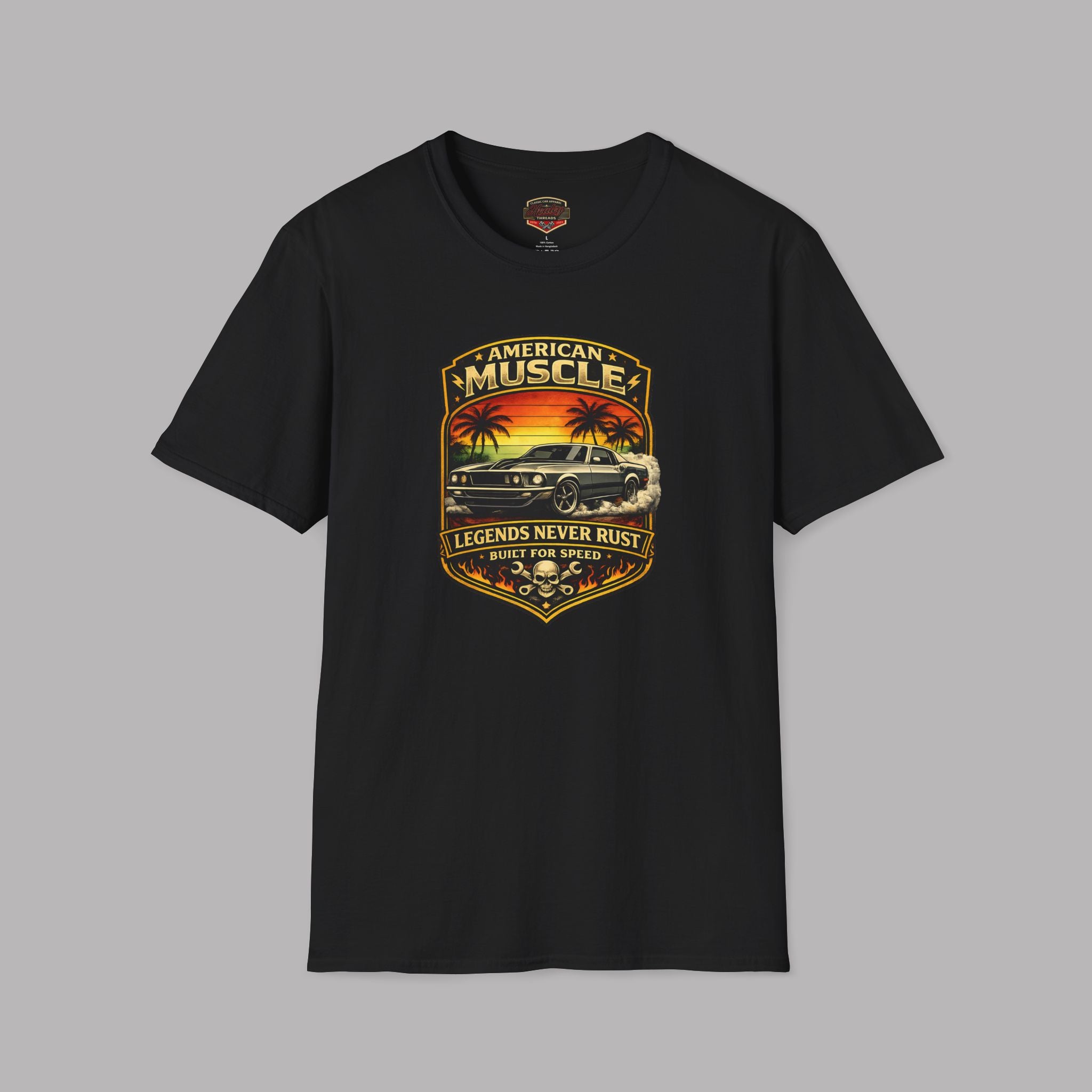 Black t-shirt with 'American Muscle' car graphic design on a gray background