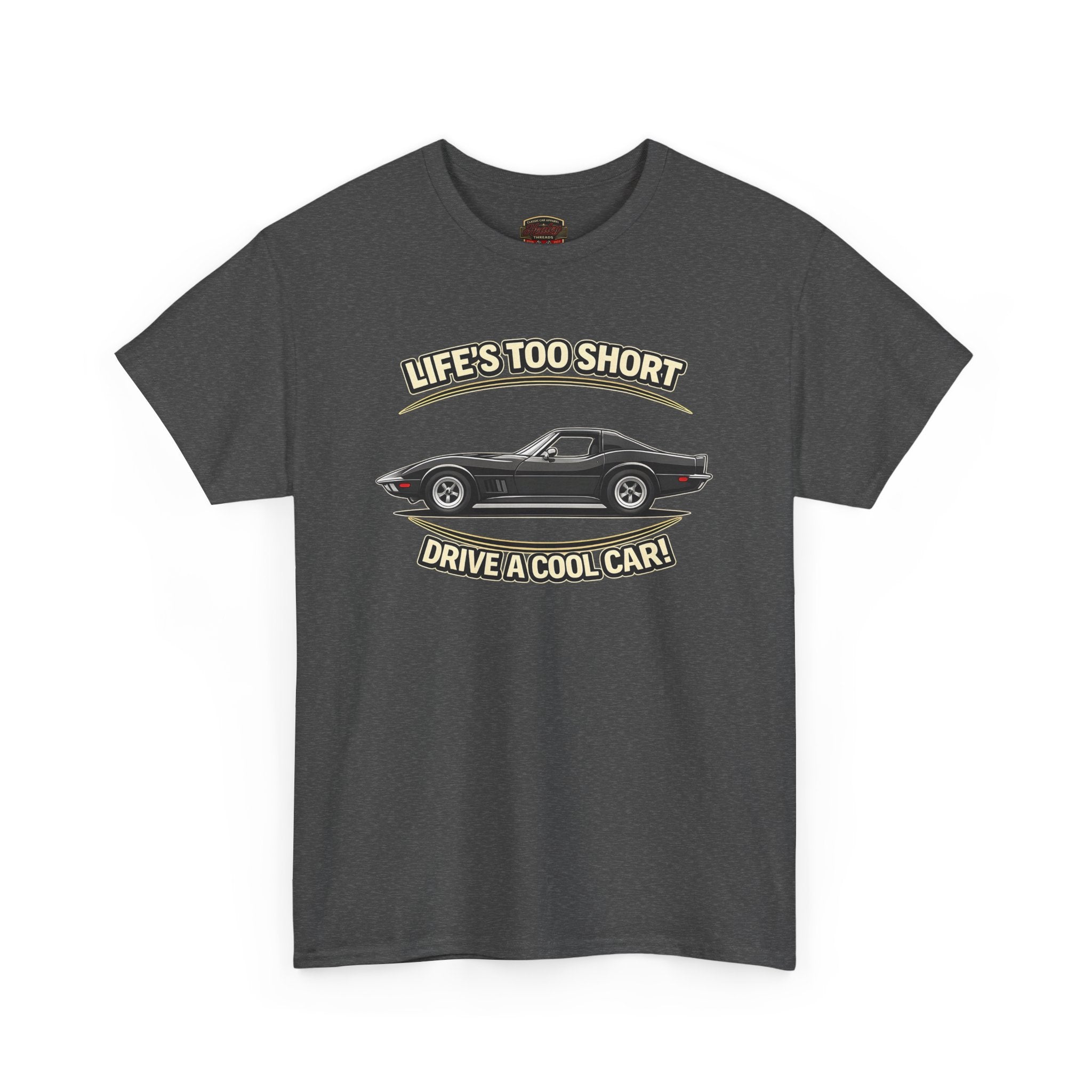 Gray t-shirt with vintage vette graphic and text on a white background
