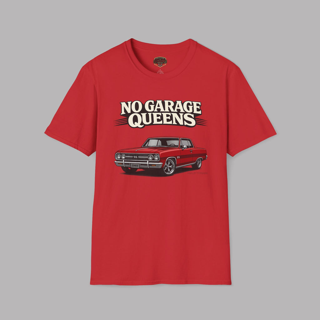 Red t-shirt with a graphic of a classic car and 'No Garage Queens' text on a gray background