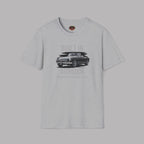 Sport gray t-shirt with a classic car and gray text on a gray background