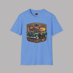 A Carolina blue short-sleeve t-shirt with a vintage-style graphic on the chest featuring a green classic car and the text '1955' and 'CHEVY GIRL'.