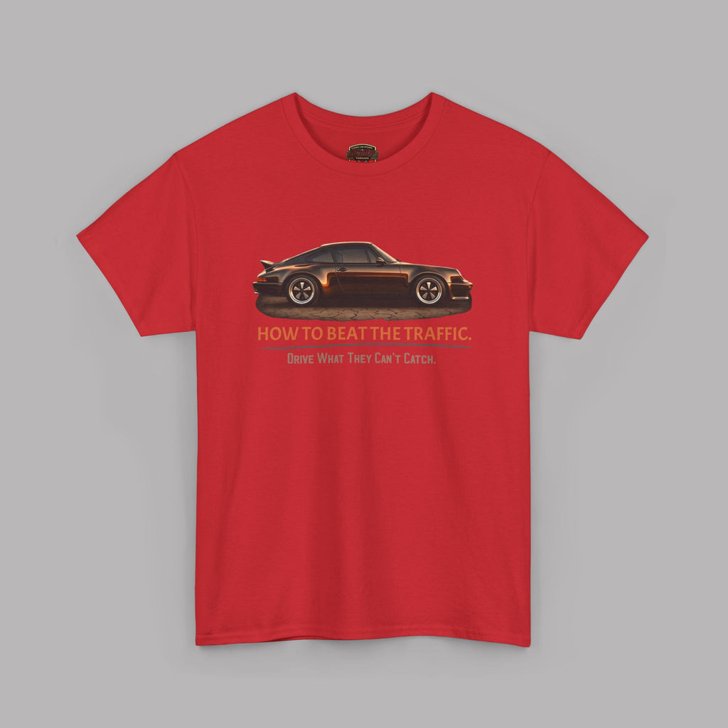 Red t-shirt with a car graphic and text on a gray background