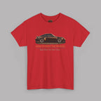Red t-shirt with a car graphic and text on a gray background