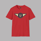 Austin Healey winged badge logo with navy and gold circular emblem, heraldic shield, and cream wings on a red t-shirt flat on gray background