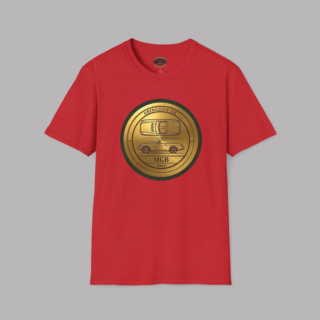 Red t-shirt with a gold classic car emblem on a gray background