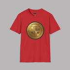 Red t-shirt with a gold classic car emblem on a gray background