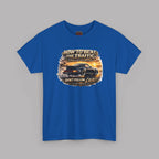 Royal blue t-shirt with a classic car graphic design on a gray background