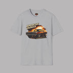 Sport gray t-shirt with 'American Muscle' graphic design featuring a car on a gray background