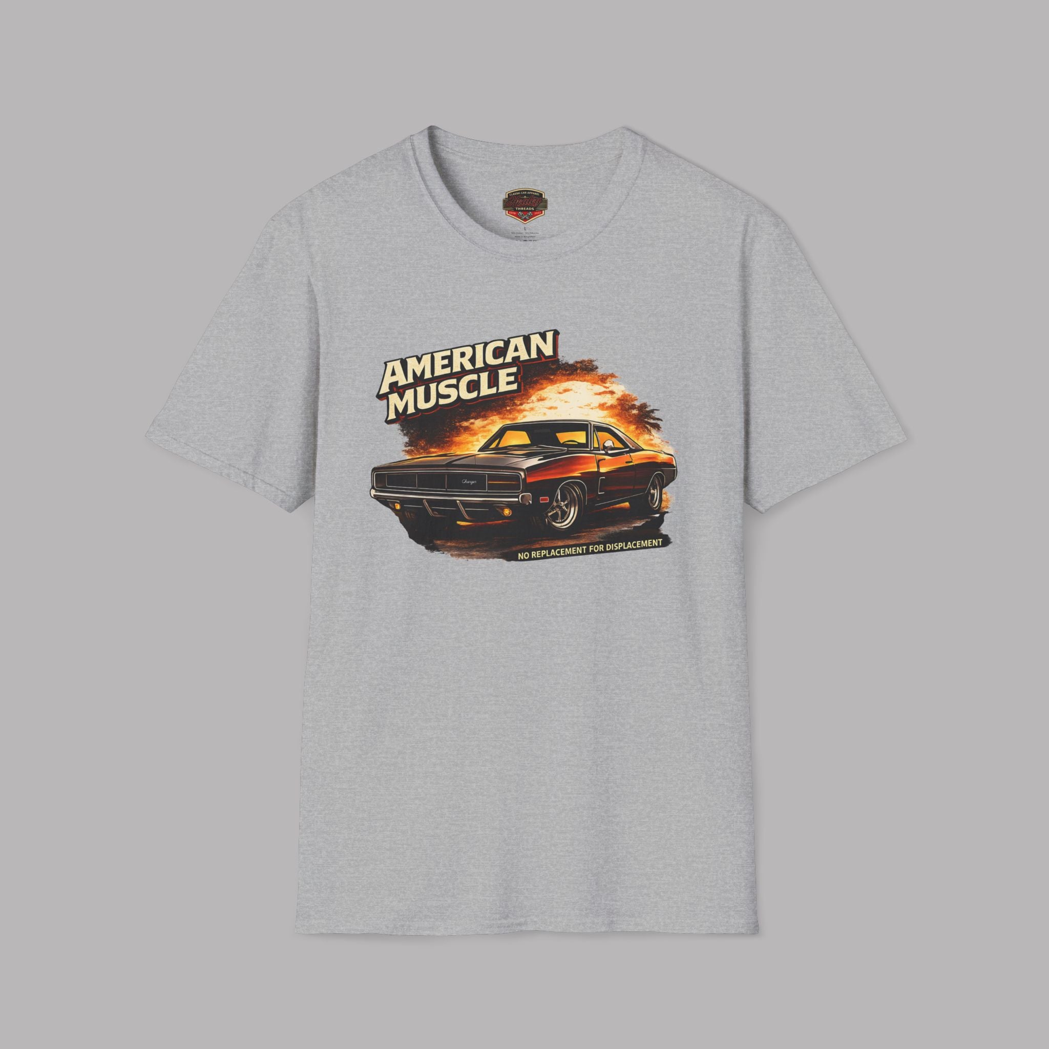 Sport gray t-shirt with 'American Muscle' graphic design featuring a car on a gray background