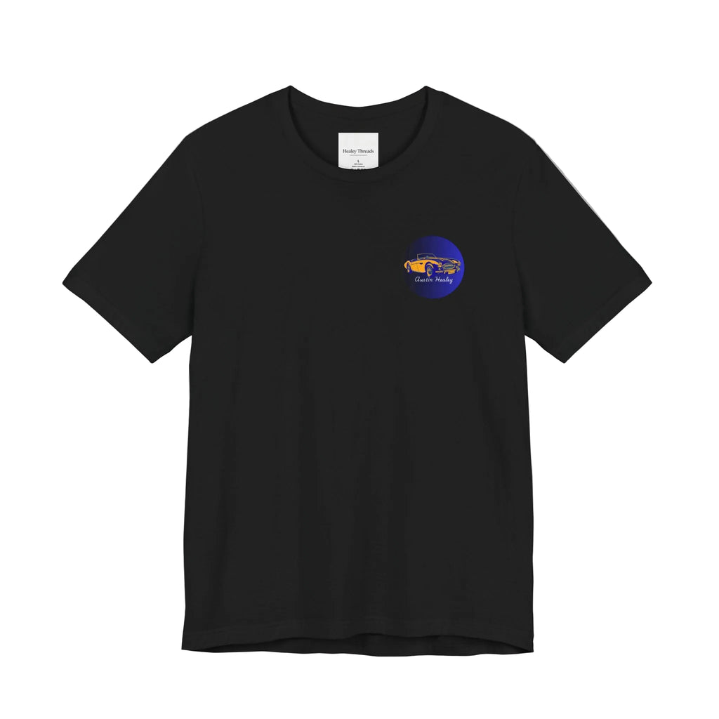 Black t-shirt with a small logo on a white background