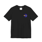 Black t-shirt with a small logo on a white background