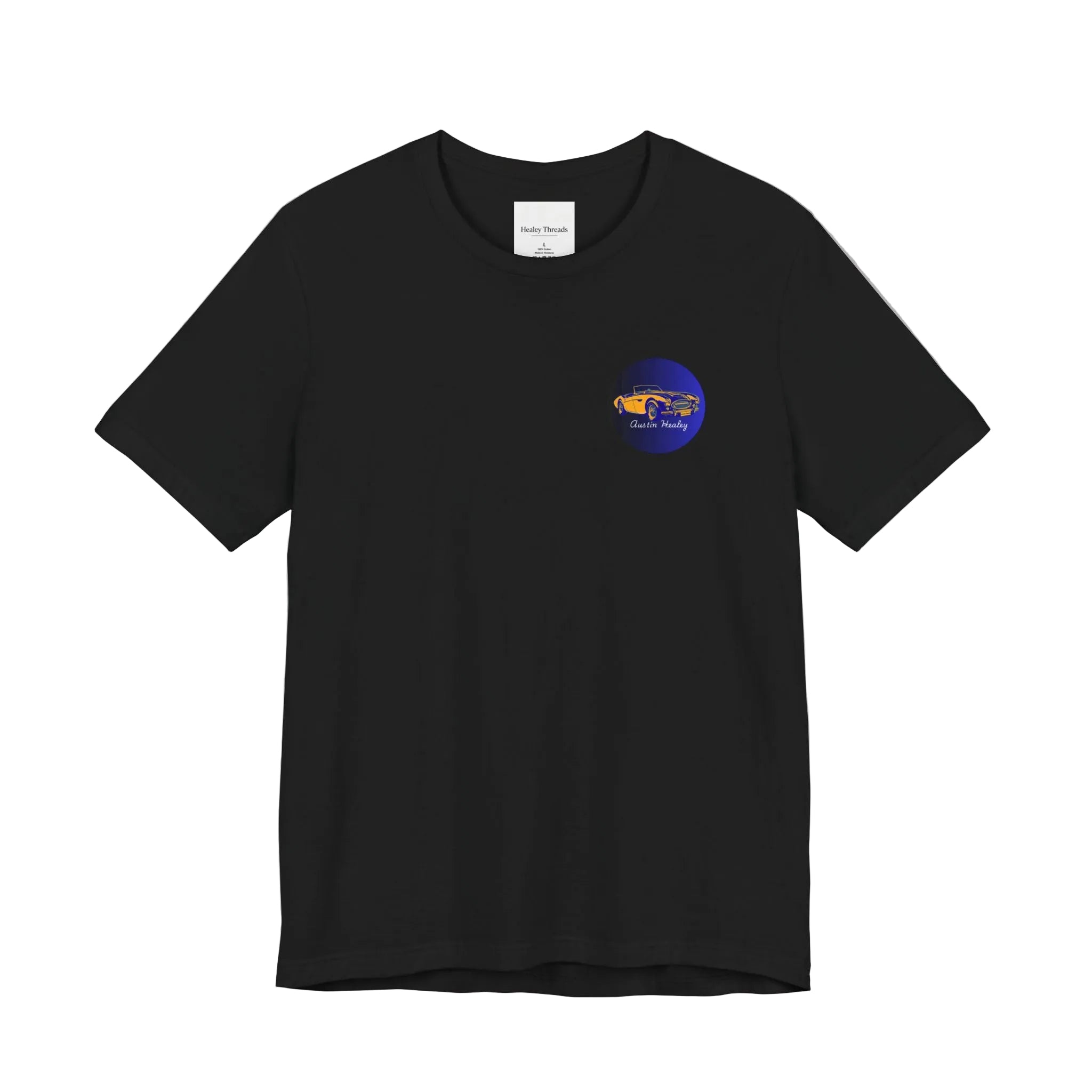 Black t-shirt with a small logo on a white background