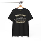 Black t-shirt with vintage vette graphic and text on a hanger against a white background