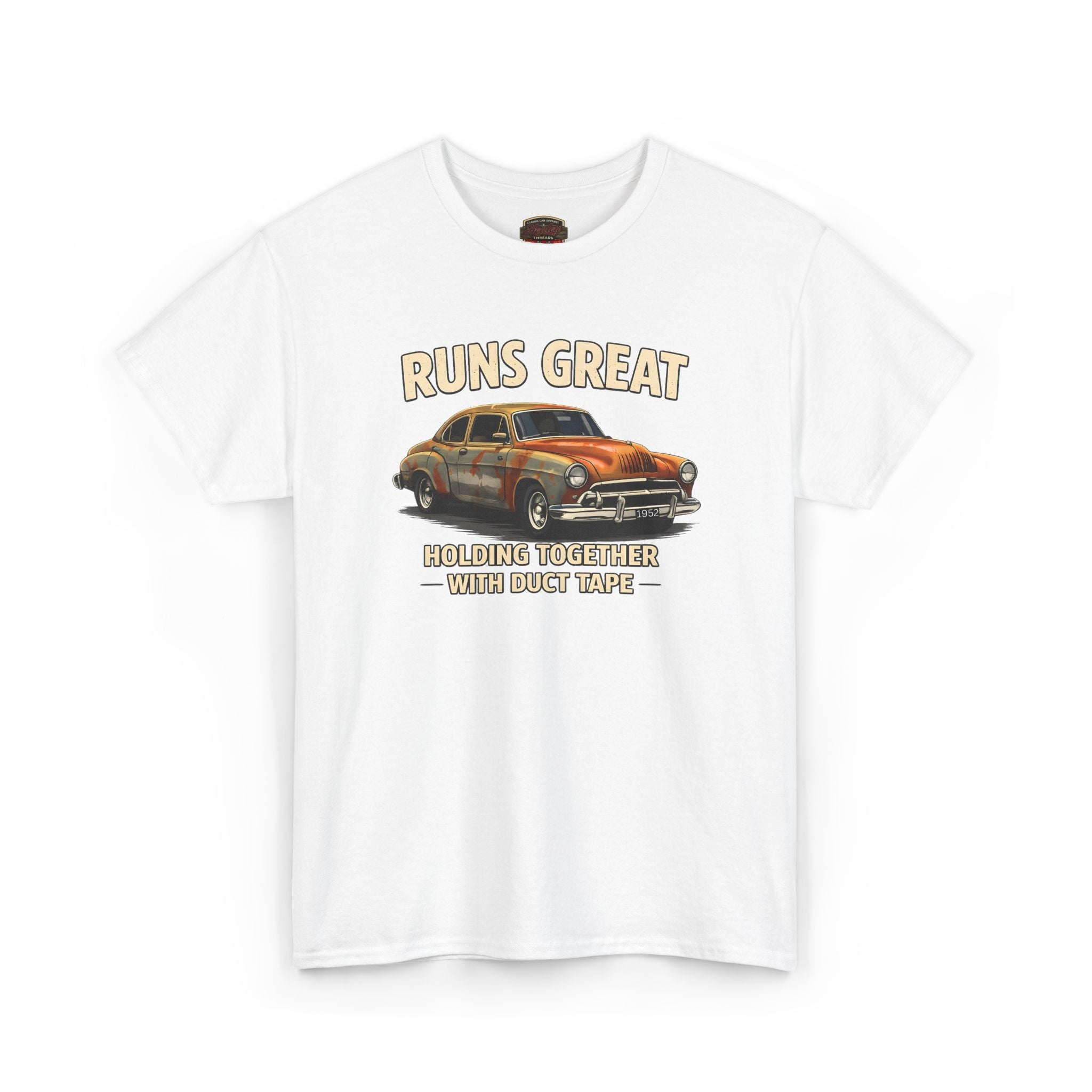 White t-shirt with a graphic of a vintage car and text on a white background