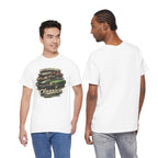 Two guys wearing a white t-shirt with a graphic design on a white background