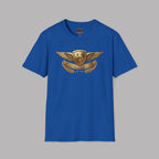 Royal blue t-shirt with gold Healey logo on a gray background 