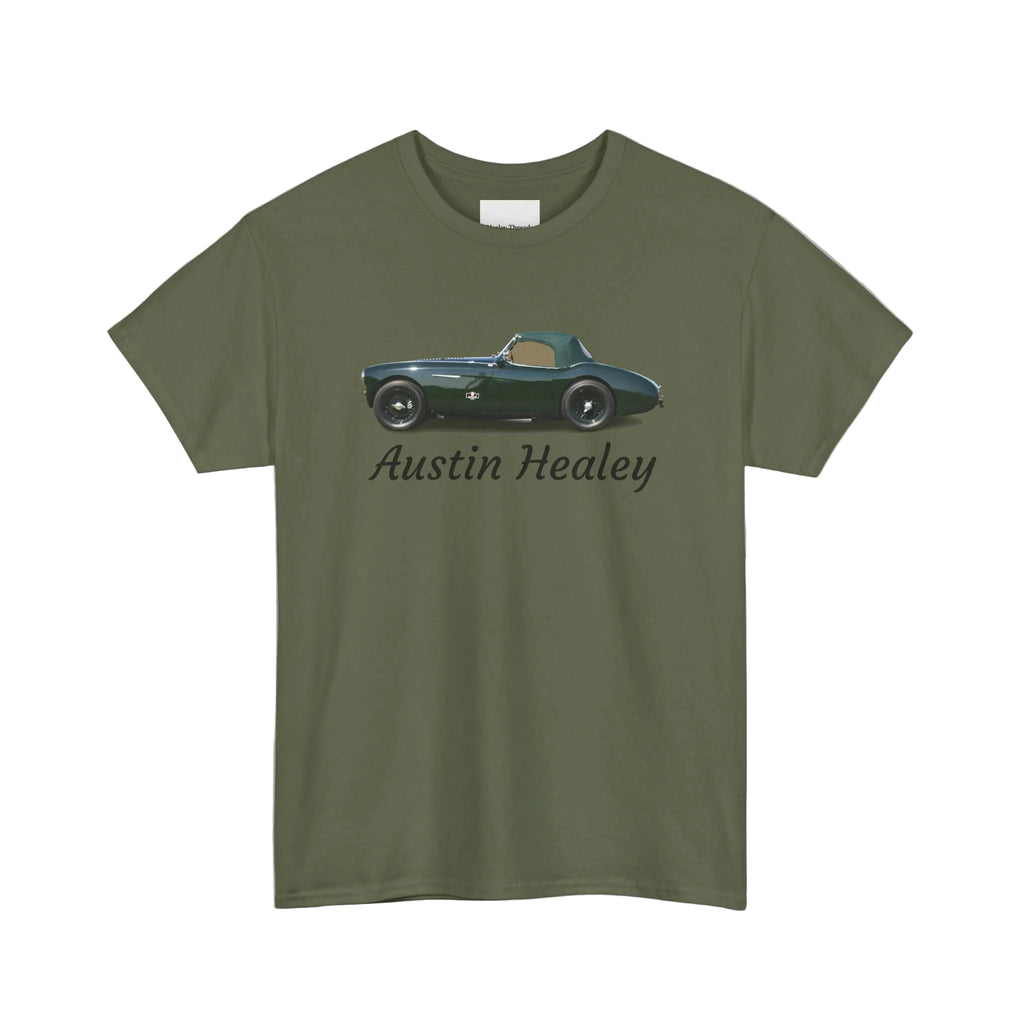 Military green t-shirt with Austin Healey car graphic on a white background