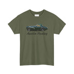 Military green t-shirt with Austin Healey car graphic on a white background