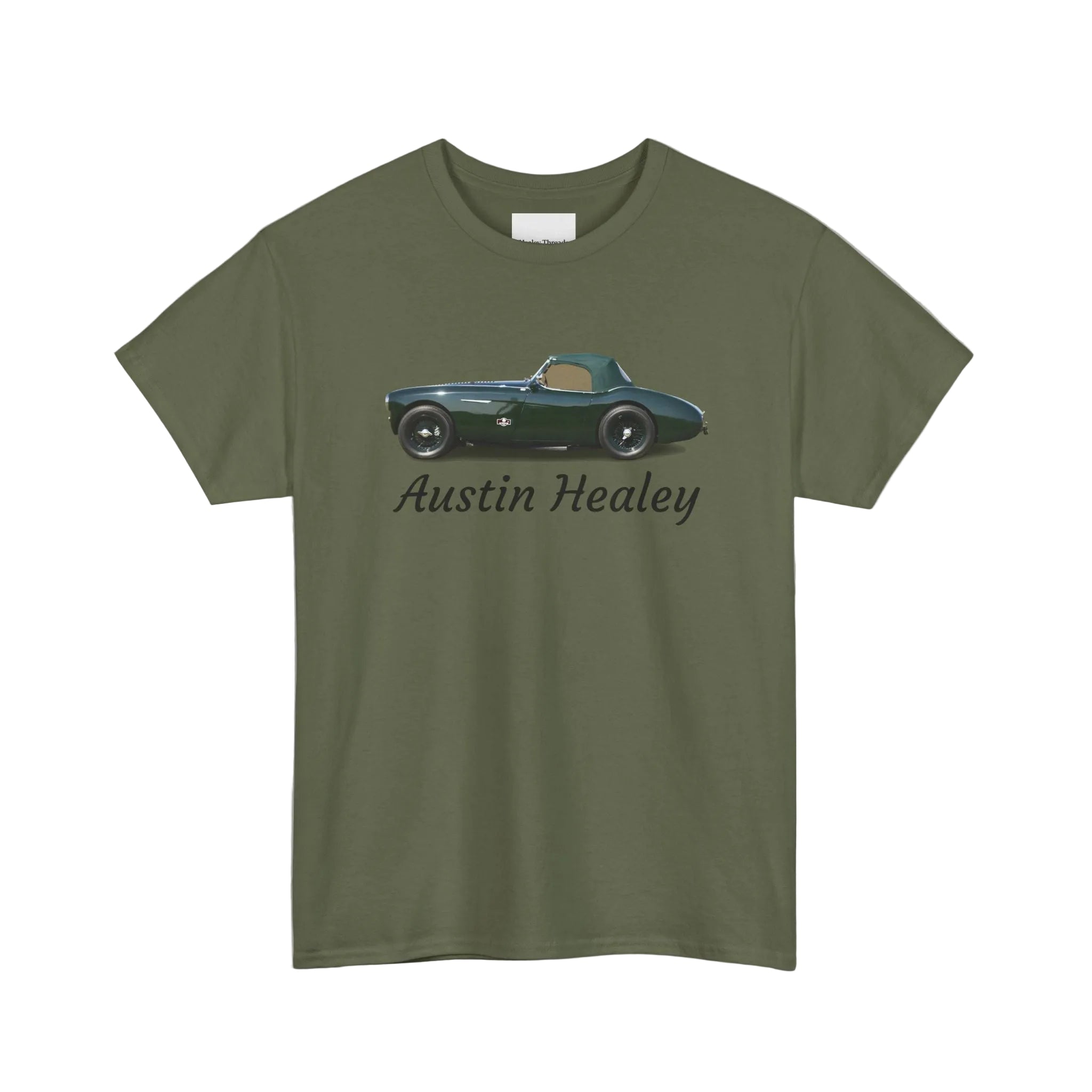 Military green t-shirt with Austin Healey car graphic on a white background