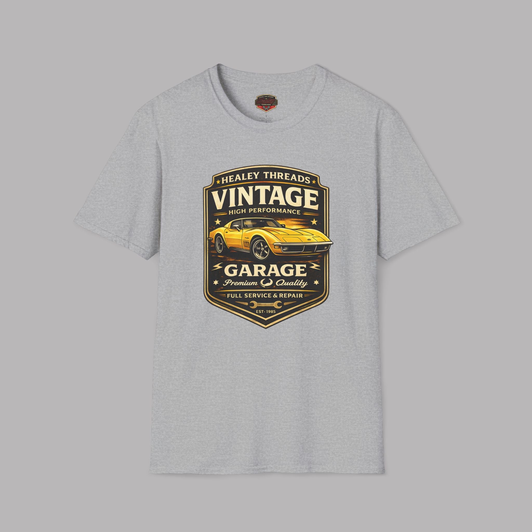 Sport gray t-shirt with vintage classic car  graphic on a gray background