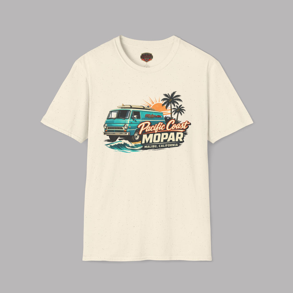 Natural t-shirt with a graphic design of a van and text on a gray background