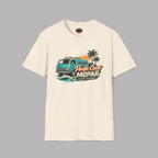 Natural t-shirt with a graphic design of a van and text on a gray background