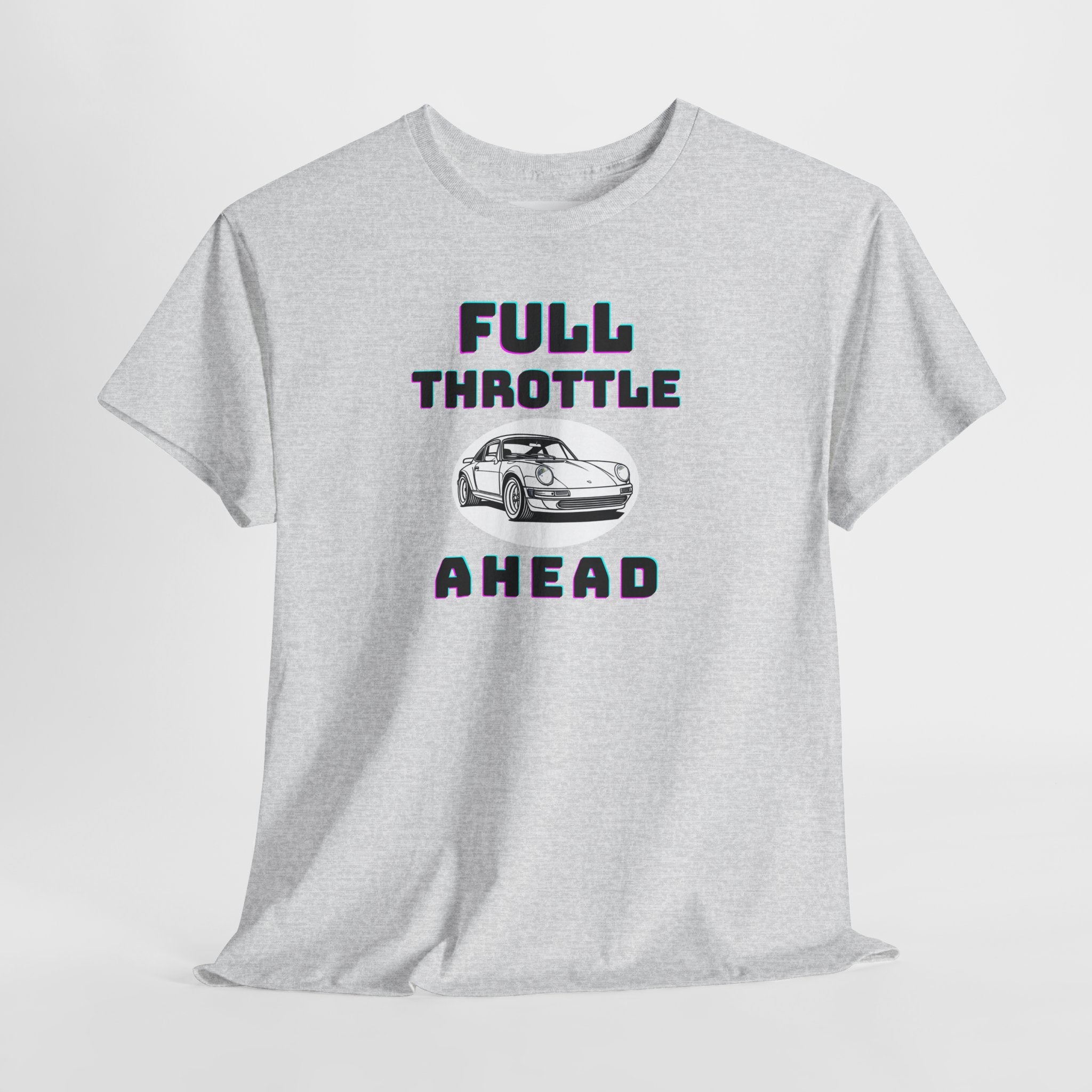 Gray t-shirt with 'Full Throttle Ahead' graphic design on a white background