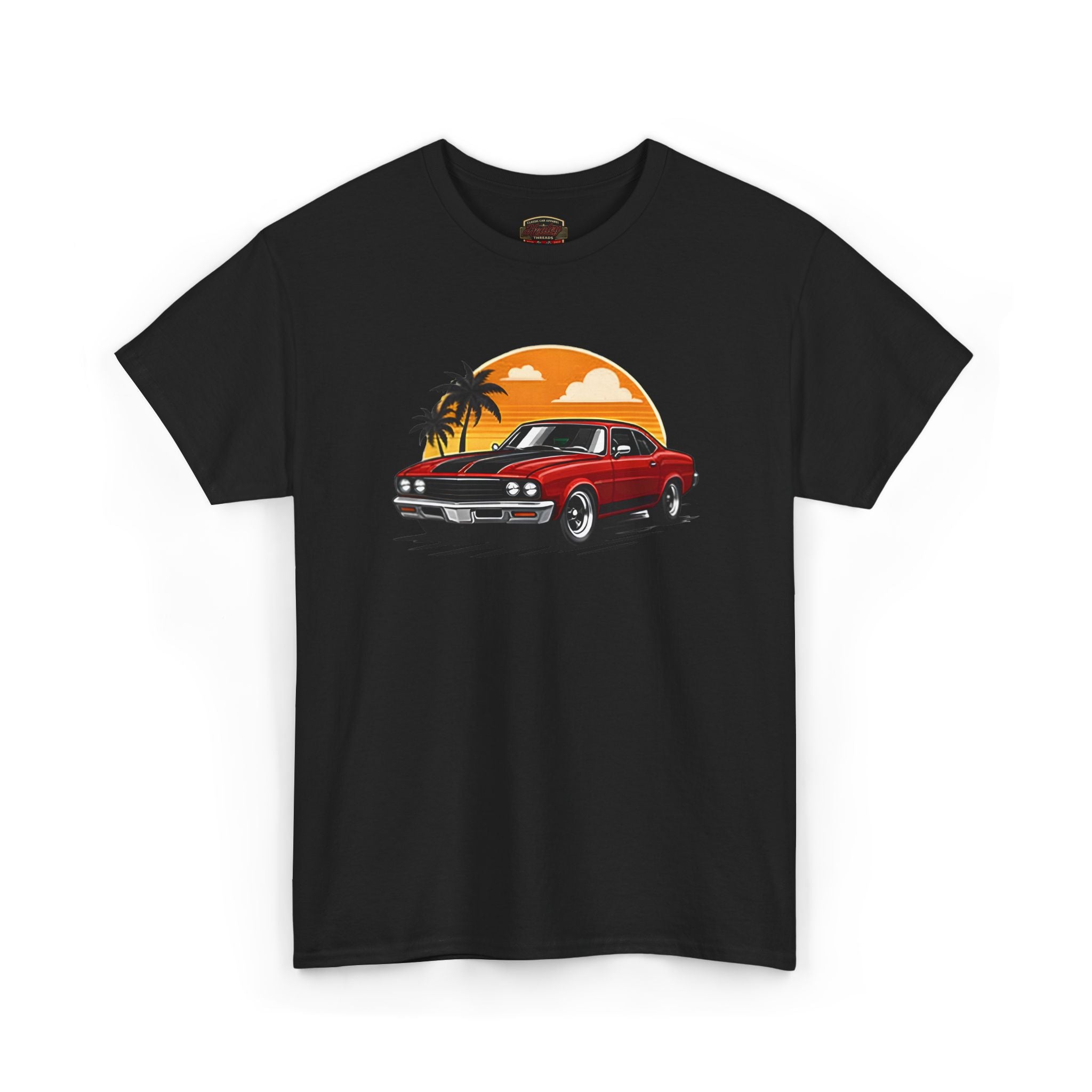 Black t-shirt with a red car graphic and sunset design on a white background