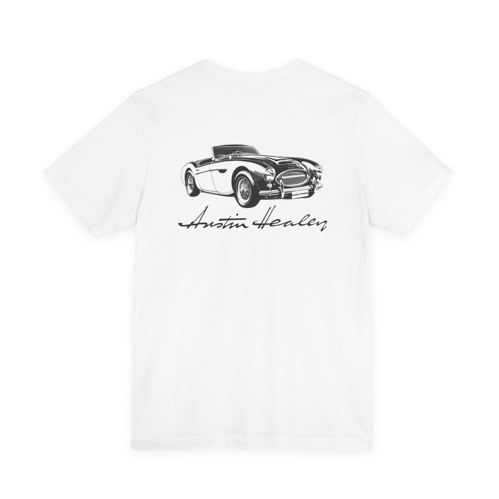 Back of a white t-shirt with black graphic of a classic car and 'Austin Healey' text on a white background