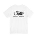 Back of a white t-shirt with black graphic of a classic car and 'Austin Healey' text on a white background