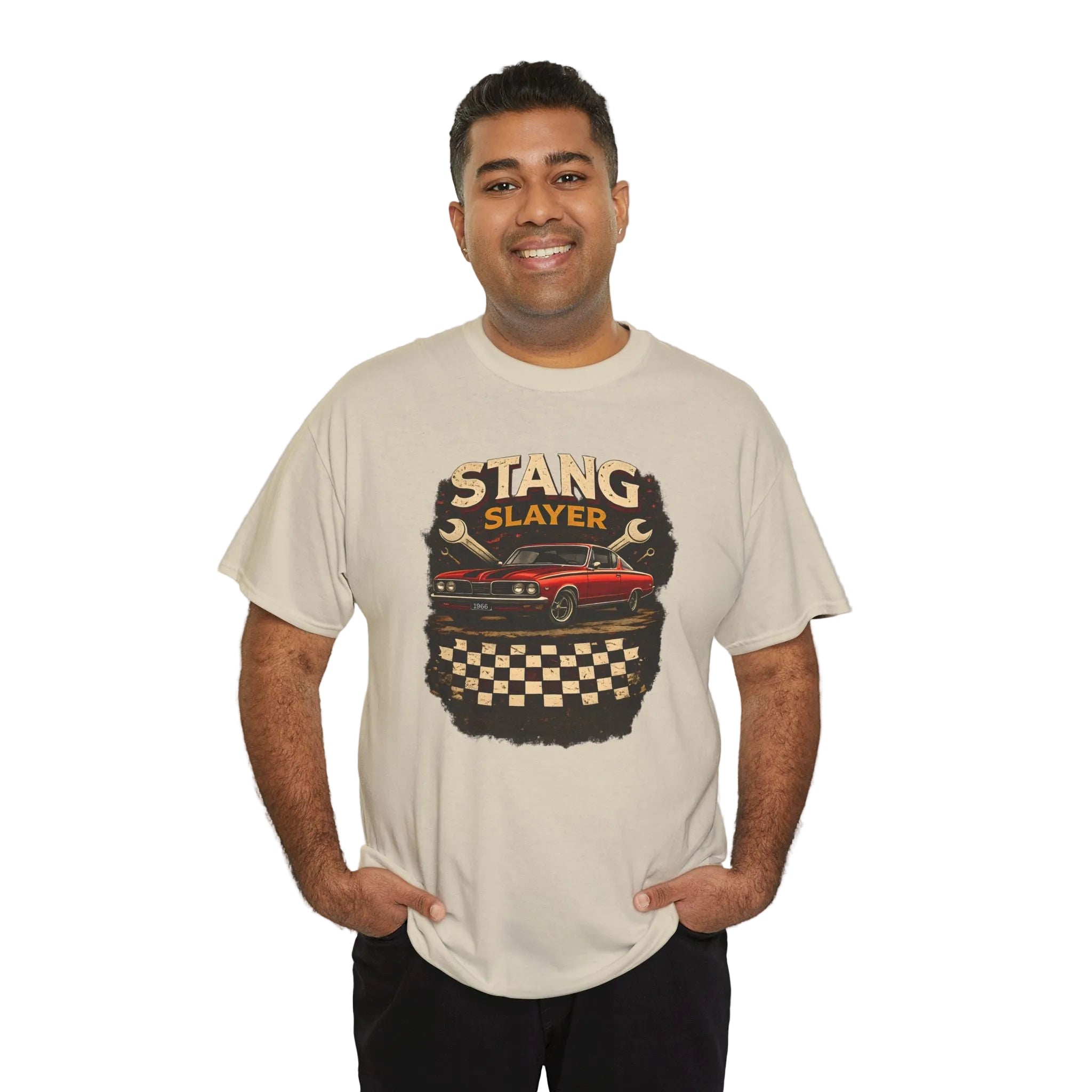 Man wearing a 'Stang Slayer' t-shirt with a graphic design on a white background