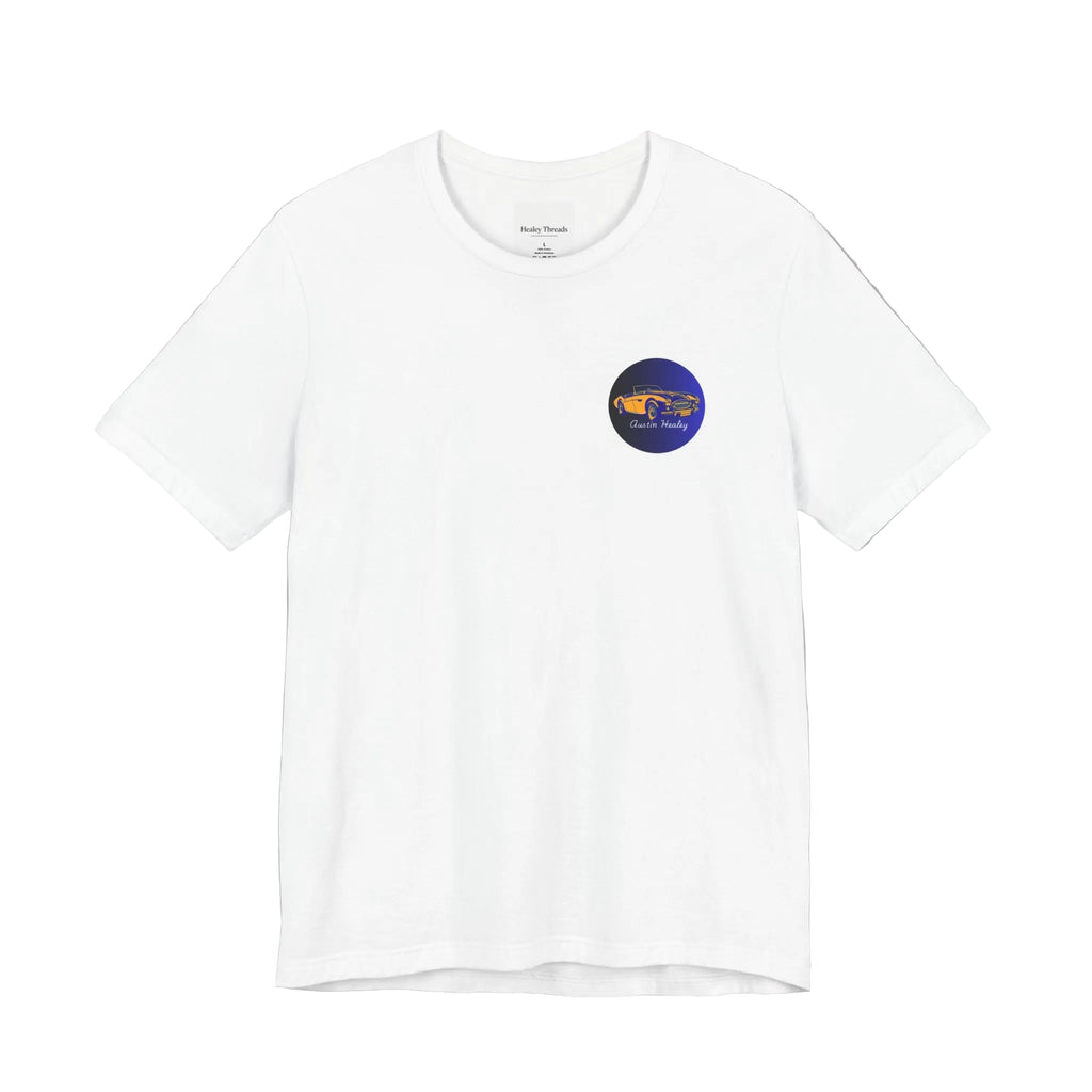 White t-shirt with a small logo on a white background