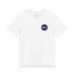 White t-shirt with a small logo on a white background