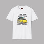 White t-shirt with a yellow van graphic and text on a gray background
