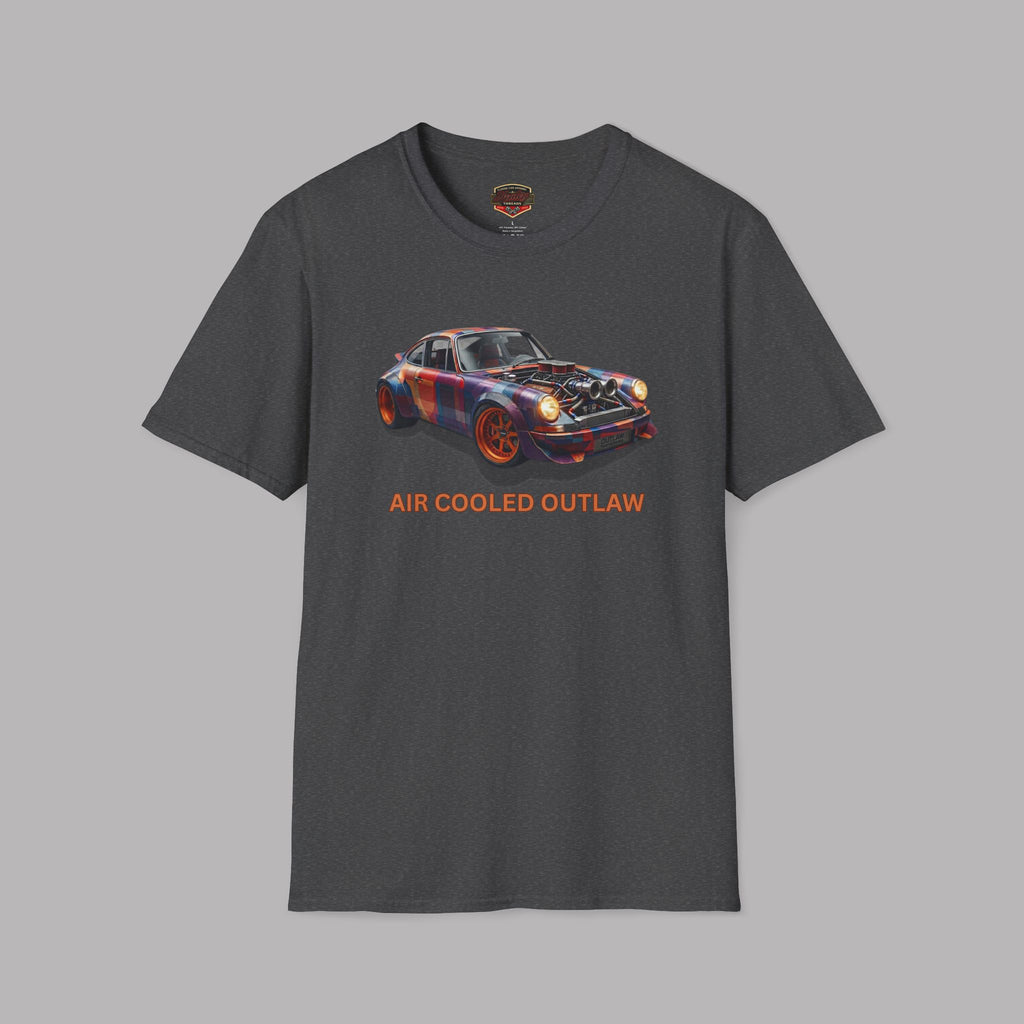 Dark heather t-shirt with a car graphic and 'AIR COOLED OUTLAW' text on a gray background