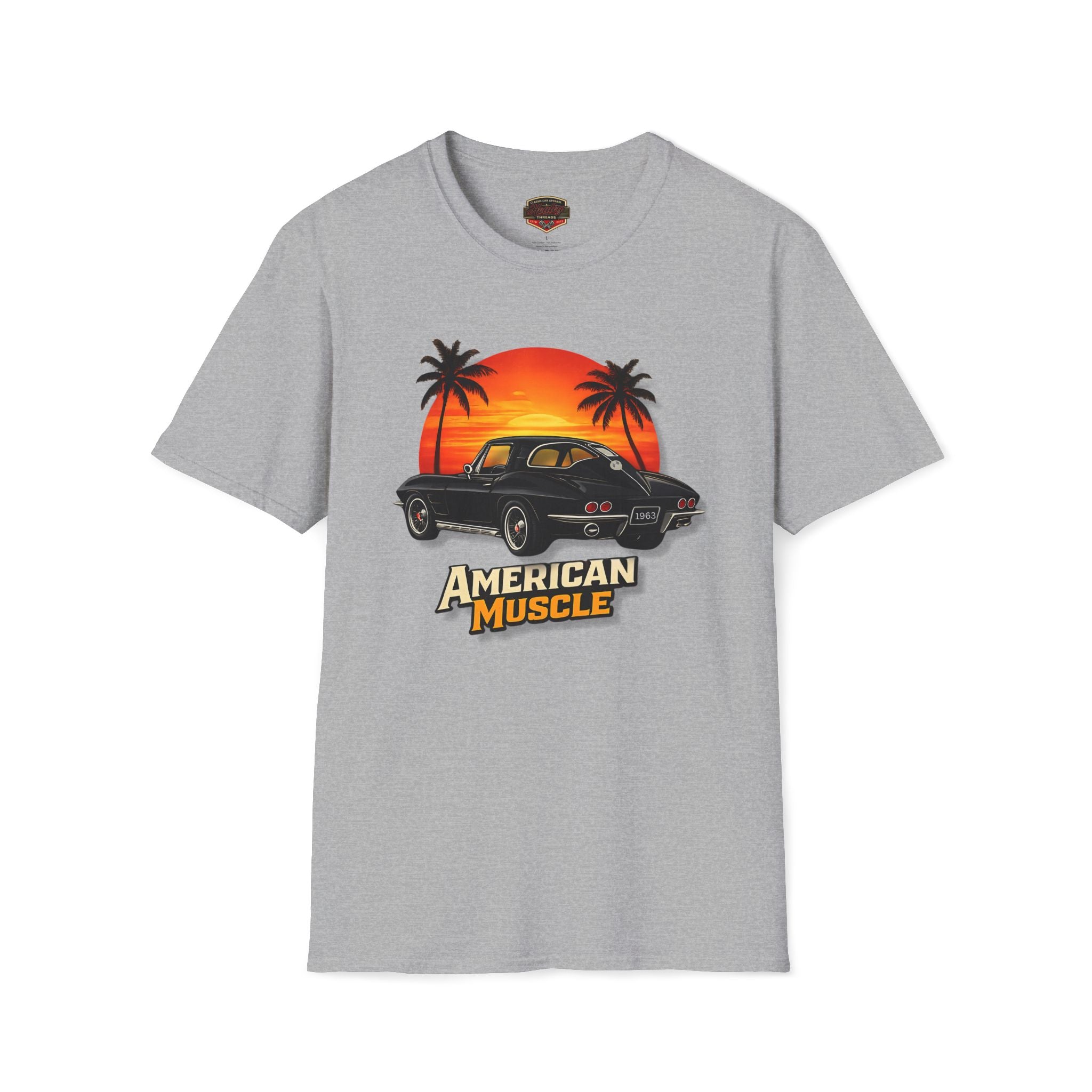 Sport gray t-shirt with 'American Muscle' graphic design featuring a sunset and palm trees on a white background.